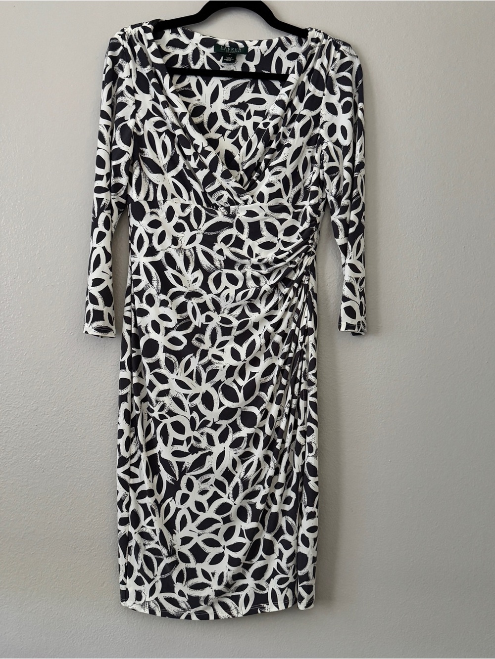 Lauren Ralph Lauren Black and White Printed Faux-Wrap Midi Dress